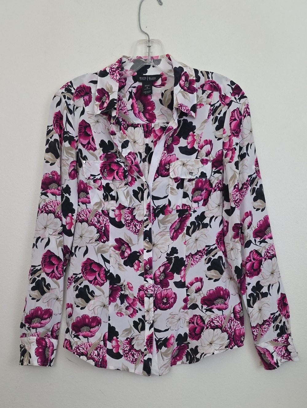 White House Black Market Silk Floral Tab Sleeve Blouse 6